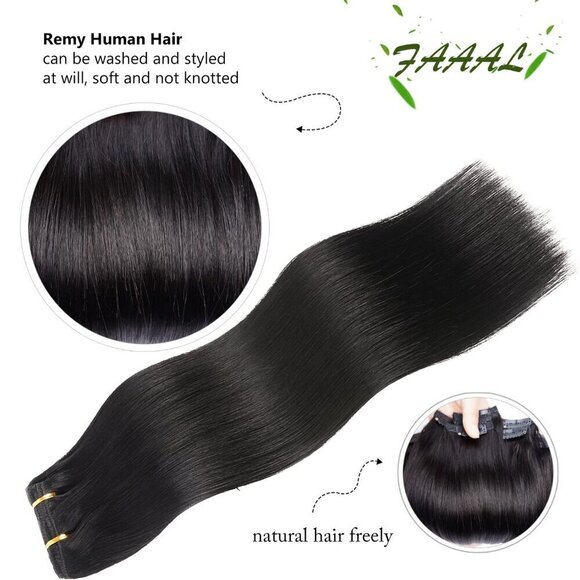 18" Clip in Human Hair Extensions Full Head 150g 7 Pieces 16 Clips Jet Black Dou - Picture 4 of 6